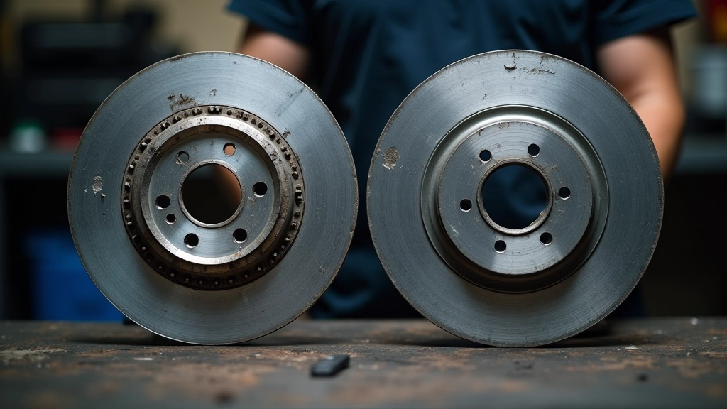 Worn and new brake rotor comparison showing thickness difference and wear patterns on disc surface