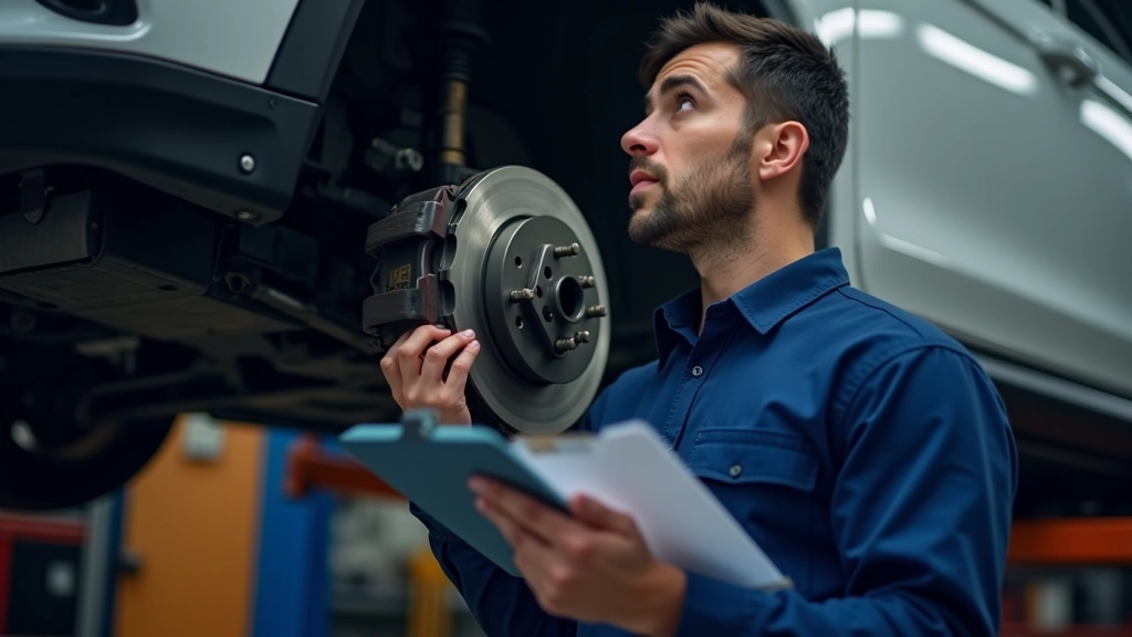 Professional technician performing safety brake system inspection with diagnostic equipment