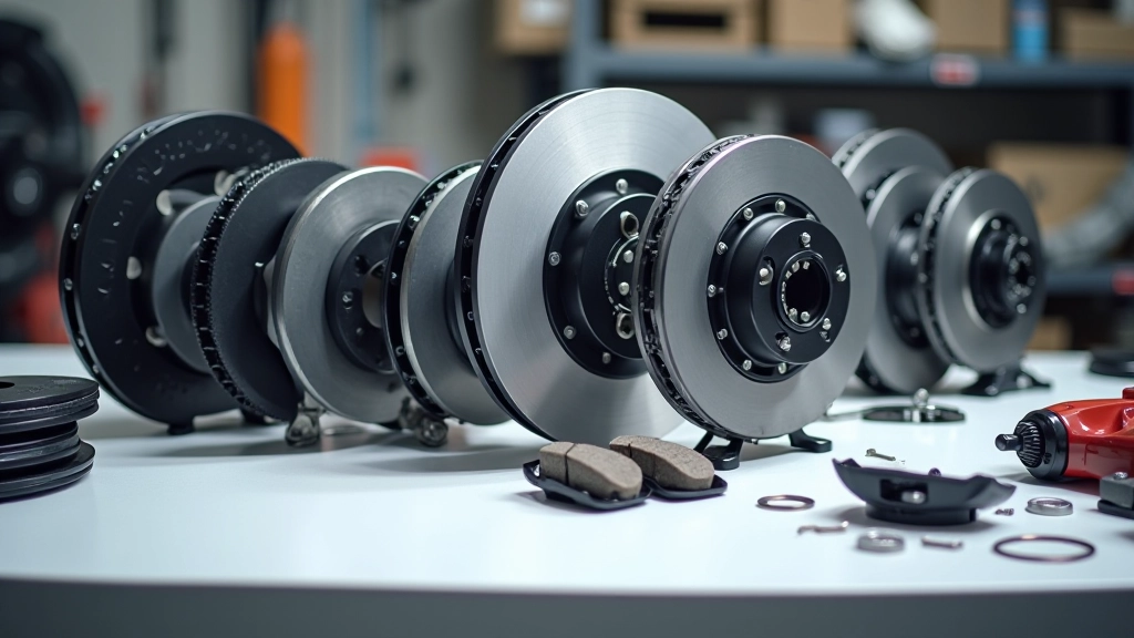 Organized display of brake system components including pads, rotors, and fluid for complete maintenance